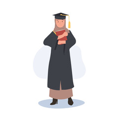 education, graduation and people concept. Young muslim Woman Graduate Holding a Book. Smiling Student with Diploma.