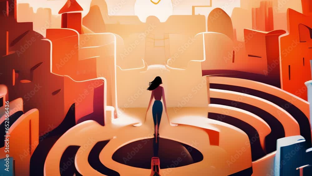 Poster A character navigating through a maze, encountering various obstacles as they represent the process of problemsolving. Psychology animation