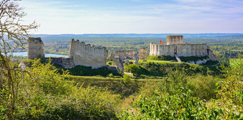 Panoramic view of the ruins of Château Gaillard, a French medieval castle overlooking the River Seine built in the 12th Century by Richard the Lionheart, King of England, in Normandy