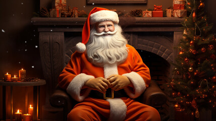 Christmas santa claus in an bright orange suit. he is wearing an bright orange santa hat. he has an bright orange sack filled with presents. he is posing in front of a fireplace. - Powered by Adobe
