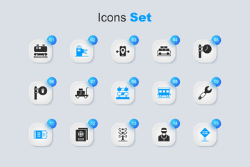 Set Train conductor, Trolley suitcase, Turnstile, ticket, Railroad crossing, Wrench spanner, Oil railway cistern and End of tracks icon. Vector