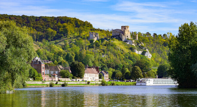 View of the River Seine in the Norman town of Les Andelys, overlooked by the ruins of Ch&acirc;teau Gaillard, a medieval castle built by the King of England Richard the Lionheart in Normandy, France