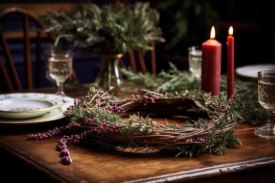 festive wreath made from rosemary on a dining table