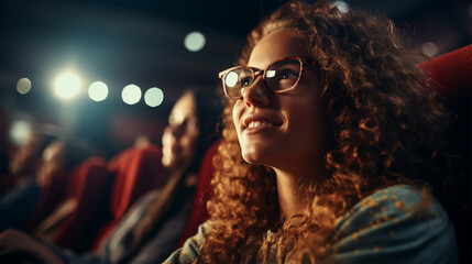 a young girl with glasses sits in a cinema watching a film with attention .
