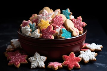 a bowl of frosted christmas cookies in various shapes