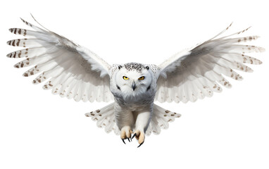 Stunning Snowy Owl White Bird is Flying Isolated on Transparent Background PNG. Generative AI