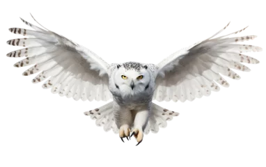Foto auf Acrylglas Schnee-Eule Stunning Snowy Owl White Bird is Flying Isolated on Transparent Background PNG. Generative AI