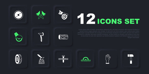 Set Protective gloves, Hammer, Wooden axe, Electric circular saw, in stump, and Metallic nail icon. Vector