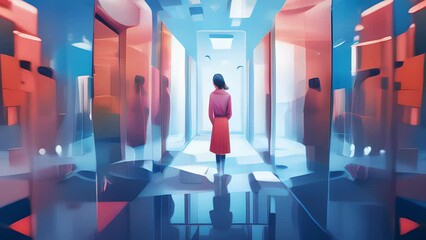 The protagonist explores a room filled with mirrors that distort their reflection, symbolizing distorted selfperception and distorted thinking patterns. Psychology animation