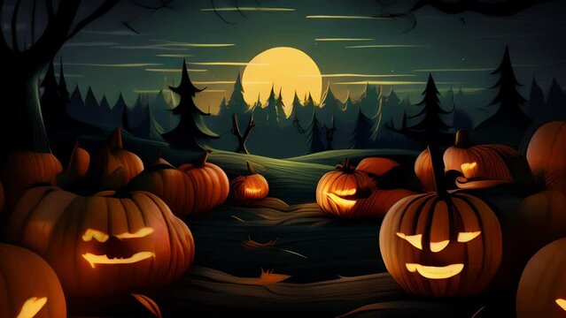 A pumpkin patch filled with glowing jackolanterns, flickering in the dark night. Halloween cartoon