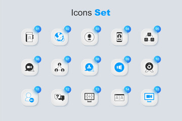 Set Video chat conference, Meeting, Web camera, Phone book and Speech bubble icon. Vector