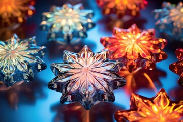 snowflake-shaped ornaments with bright, reflective surface
