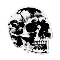 Skull - Halloween halftone mixed media collage paper sticker. Dotted Vintage illustration in 90s zine Paper piece style.