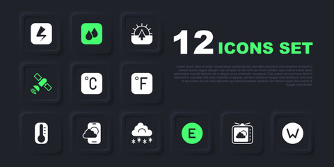 Set Weather forecast, Compass north, Celsius, west, Satellite, app, Water drop and Cloud with snow icon. Vector