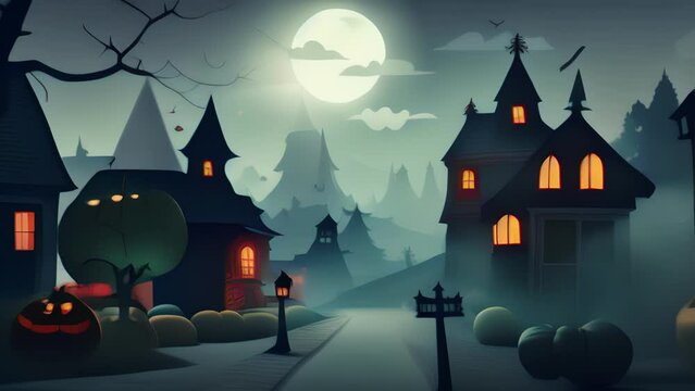 A mysterious fog engulfs the town, making everything appear eerie and ethereal, creating an atmosphere perfect for Halloween. Halloween cartoon
