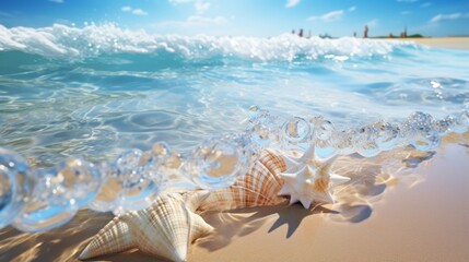 Fototapeta na wymiar Ocean waves, crystal clear and gentle, lap over a shoreline scattered with seashells.