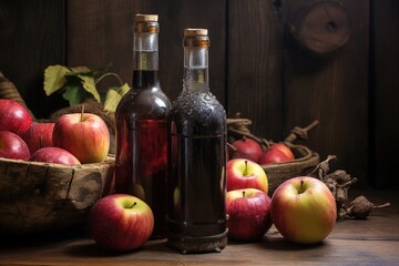 high-angle view of cider bottles with a rustic background