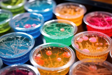 petri dishes showing bacteria cultures within a research lab setting - obrazy, fototapety, plakaty