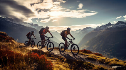Friends riding bicycles in the mountains