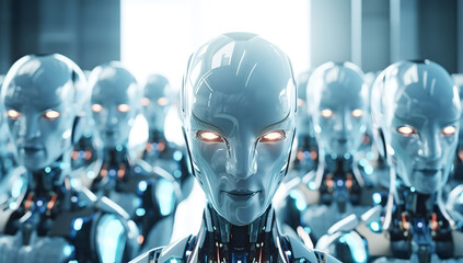 Many identical AI in the office and working, one robot is looking at camera: artificial intelligence and robotization effects on employment. AI generated - obrazy, fototapety, plakaty