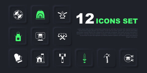 Set Hammer, Blacksmith anvil tool, Medieval sword, apron, Smithy workshop interior, oven and icon. Vector