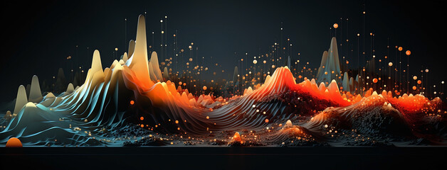 Rhythmic waves with lava mountain effect wide horizontal web banner - obrazy, fototapety, plakaty