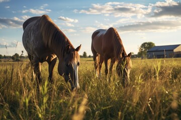 pair of horses grazing in a sunny field