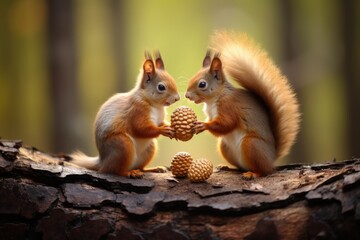 a couple of squirrels sharing an acorn