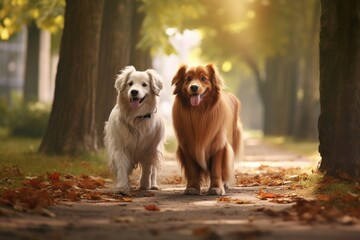 canine couple enjoying a walk in a park