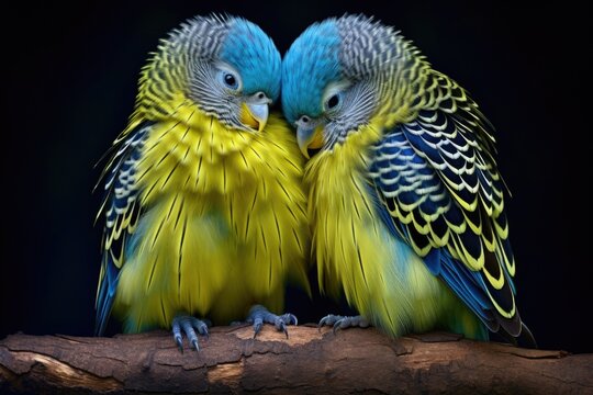 two budgies preening each others feathers