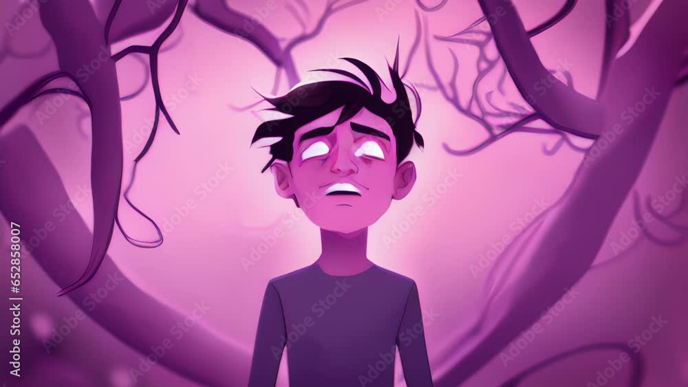Poster a character tangled in a web of negative thoughts, trying to break free from selfdestructive pattern