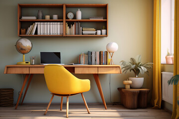Modern home office featuring a streamlined wooden desk, a vintage swivel chair upholstered in mustard yellow fabric, and a geometric bookshelf filled with design books and decorative objects. - obrazy, fototapety, plakaty