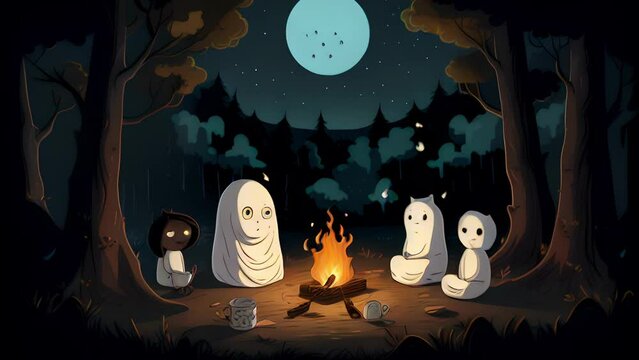 The cartoon concludes with a heartwarming scene, as families gather around a bonfire, roasting marshmallows and telling ghost stories as the flames flicker in the darkness. Halloween cartoon