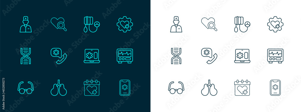 Sticker Set line Heart with cross, Lungs, Clinical record on laptop, Doctor appointment, Emergency call 911, Blood pressure, Male doctor and Medical heart inspection icon. Vector