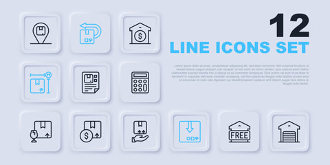Set line Free storage, Warehouse, Waybill, Carton cardboard box, Cardboard measurement, Return and Delivery hand with icon. Vector
