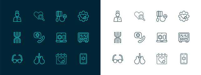 Set line Heart with cross, Lungs, Clinical record on laptop, Doctor appointment, Emergency call 911, Blood pressure, Male doctor and Medical heart inspection icon. Vector