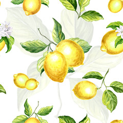Watercolor seamless pattern with lemons Creative summer print of citrus- fruit Decorative hand drawn illustration for design decorating invitations and cards, making stickers, print on packaging.