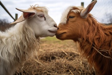 Fototapeta premium a pair of different gender goats headbutting playfully