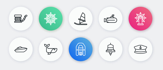 Set line Inflatable boat with motor, Ship steering wheel, Speedboat, bell, Submarine, Windsurfing, Captain hat and Whale icon. Vector