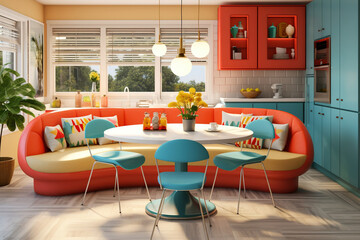 Modern kitchen with a breakfast nook, featuring a built-in banquette upholstered in a bold, geometric fabric, a round tulip table, and a set of molded plastic chairs in a vibrant hue