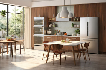 Modern kitchen with flat-panel walnut cabinets, white quartz countertops, a retro-style Smeg refrigerator, and a trio of pendant lights with an organic shape hanging above the island