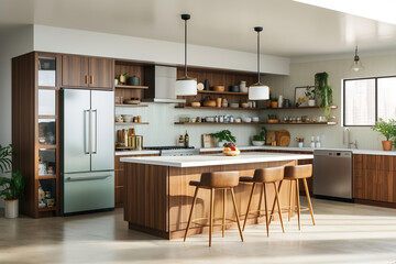 Modern kitchen with flat-panel walnut cabinets, white quartz countertops, a retro-style Smeg...