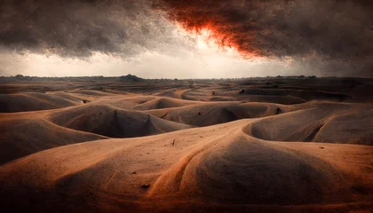 Foto op Aluminium The endless great ashdesert dunes arid dry inhospitable few bleached bones black clouds red sun  © Melissa