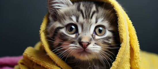 Adorable gray tabby kitten with yellow eyes recently bathed and wrapped in pink towel against a gray backdrop - Powered by Adobe