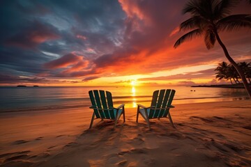 sunset on a tropical beach with two lounging chairs side by side