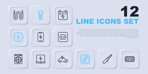Set line Soldering iron, Electrical outlet, Mobile phone, No lightning, Lightning bolt, Laptop, Creative lamp idea and car icon. Vector