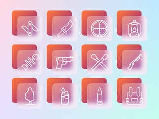 Set line Camping lantern, Lighter, Burning match with fire, Bullet, Pistol or gun, Sniper optical sight, Swiss army knife and Hunter icon. Vector