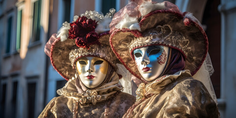 Banner Traditional Festival Venice, Italy Colorful carnival masks. Generation AI - obrazy, fototapety, plakaty