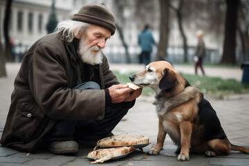 Homeless dirty tramp man feeding his friend dog piece of bread. Concept friendship lifestyle. Generation AI. - obrazy, fototapety, plakaty