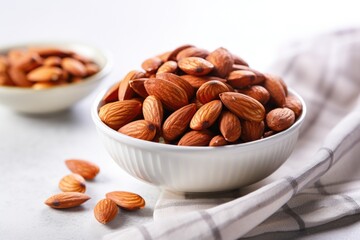 a bowl of raw almonds on a white table